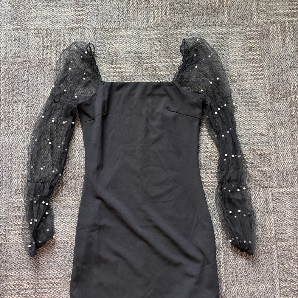 Chic Black Dress with Sheer Pearl accent Sleeves